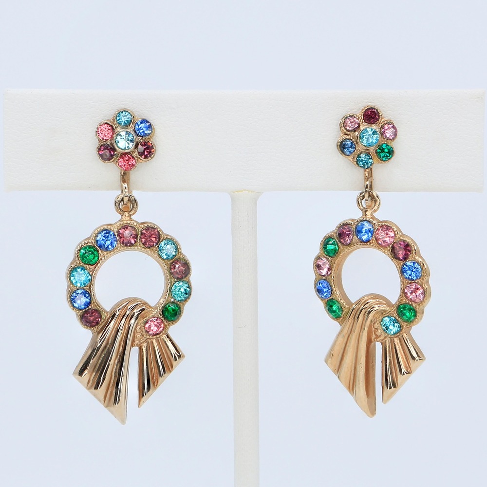 Vintage Gold Tone Multicolor Rhinestone Circle Screw Back Dangle Earrings 1940s‎